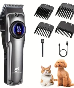 Dog Grooming Clipper for Thick Hair, Low-Noise Rechargeable Pet Trimmer with Digital Display, USB Charging, 4 Detachable Combs