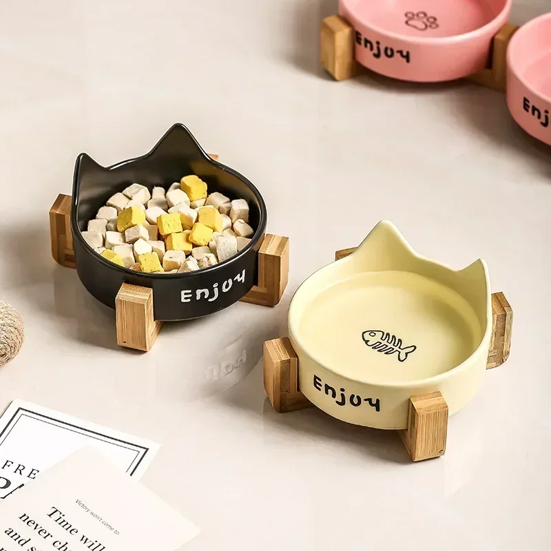 Ceramic Double Bowl Pet Cat Bowl Anti-Slip Heightened Bamboo Table Feeding Bowl Pet Supplies Water Feeders Small Dogs Supplies - Image 2