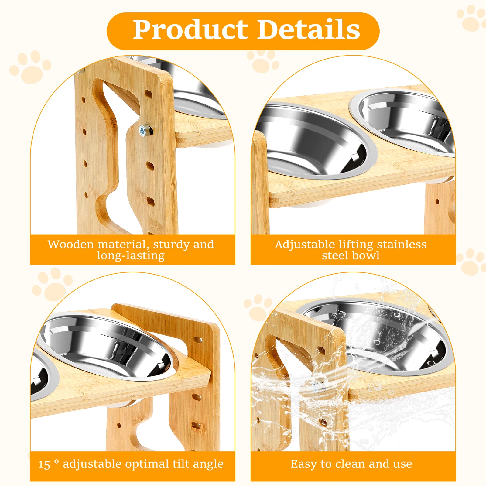 Wooden Elevated Cat Dog feeder Bowl Stand with 2 Stainless Steel Feeder bowl for Dry Wet Food Water Anti Slip Pet Supplies - Image 6