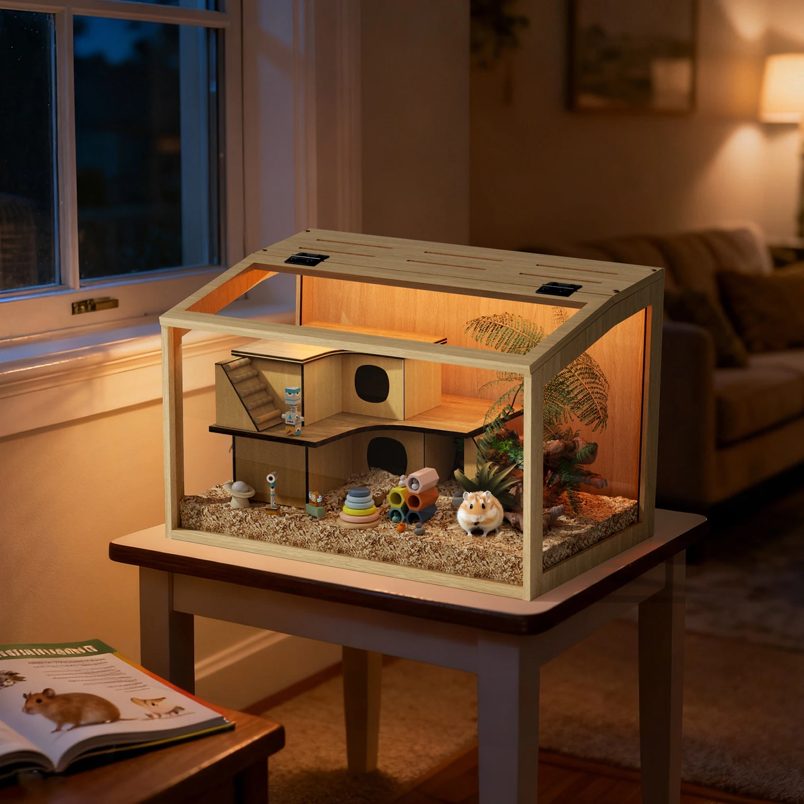 Wooden Hamster Cage Guinea Pig Cage Clear Small Animal cage with Open top Hamster Habitat Wooden Frame Tempered Glass Panels