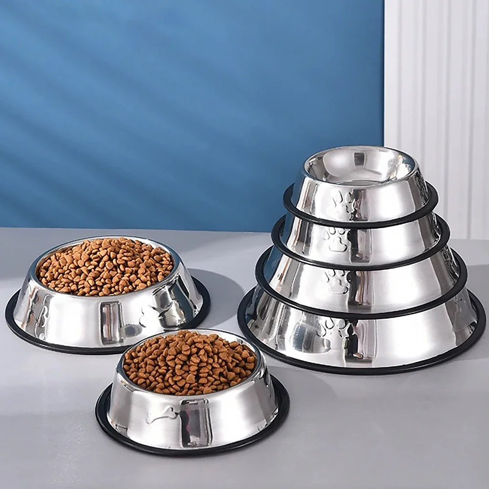 Stainless Steel Dog Cat Food Bowl Pets Quality Metal Pawprint Feeder Non-slip Pet Feeding Container with Rubber Base Accessories - Image 2