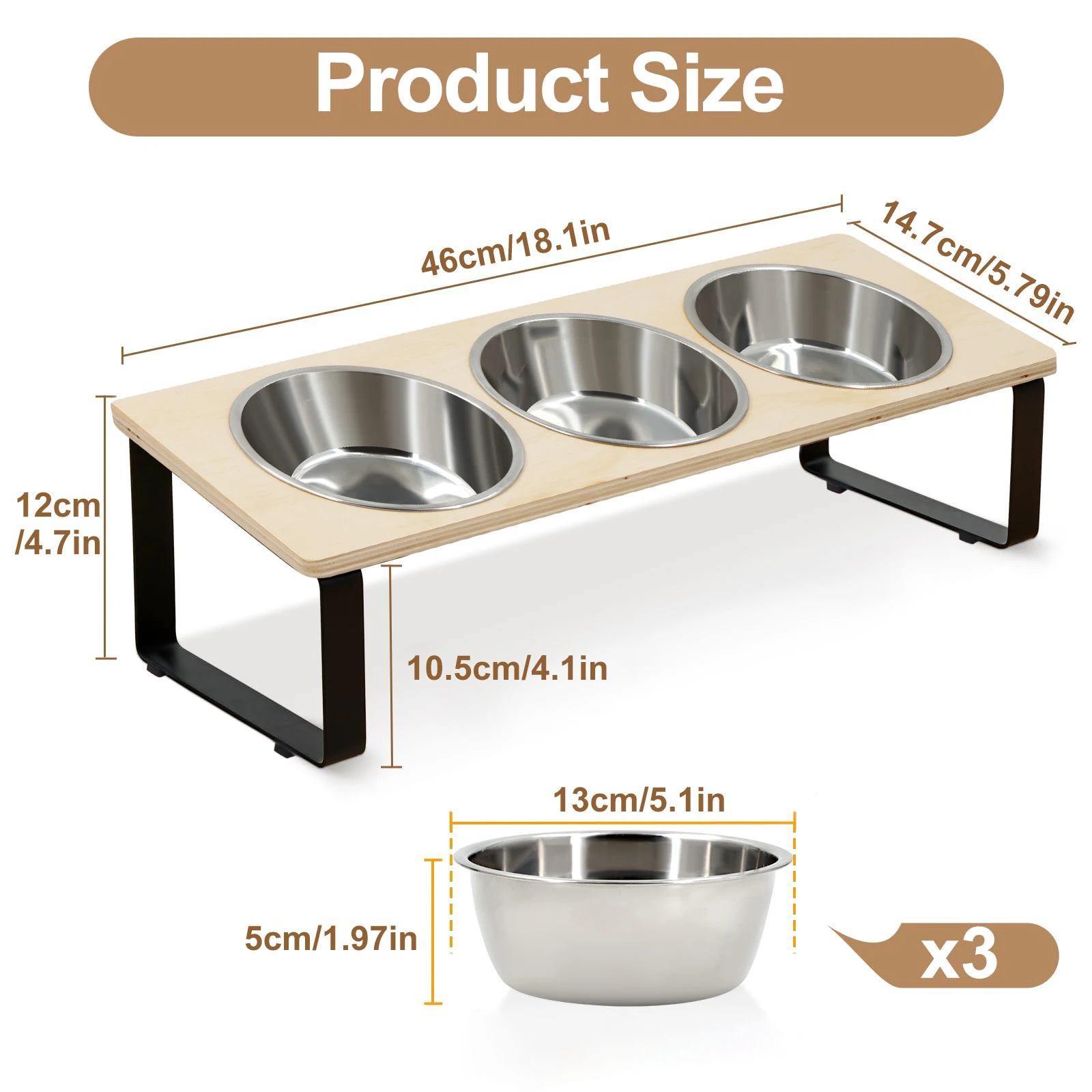Elevated Cat Bowls Feeder 15° Tilted Raised Feeding & Watering Supplies Pet 3 Stainless Steel Bowls with Stand for Cats Puppies - Image 3