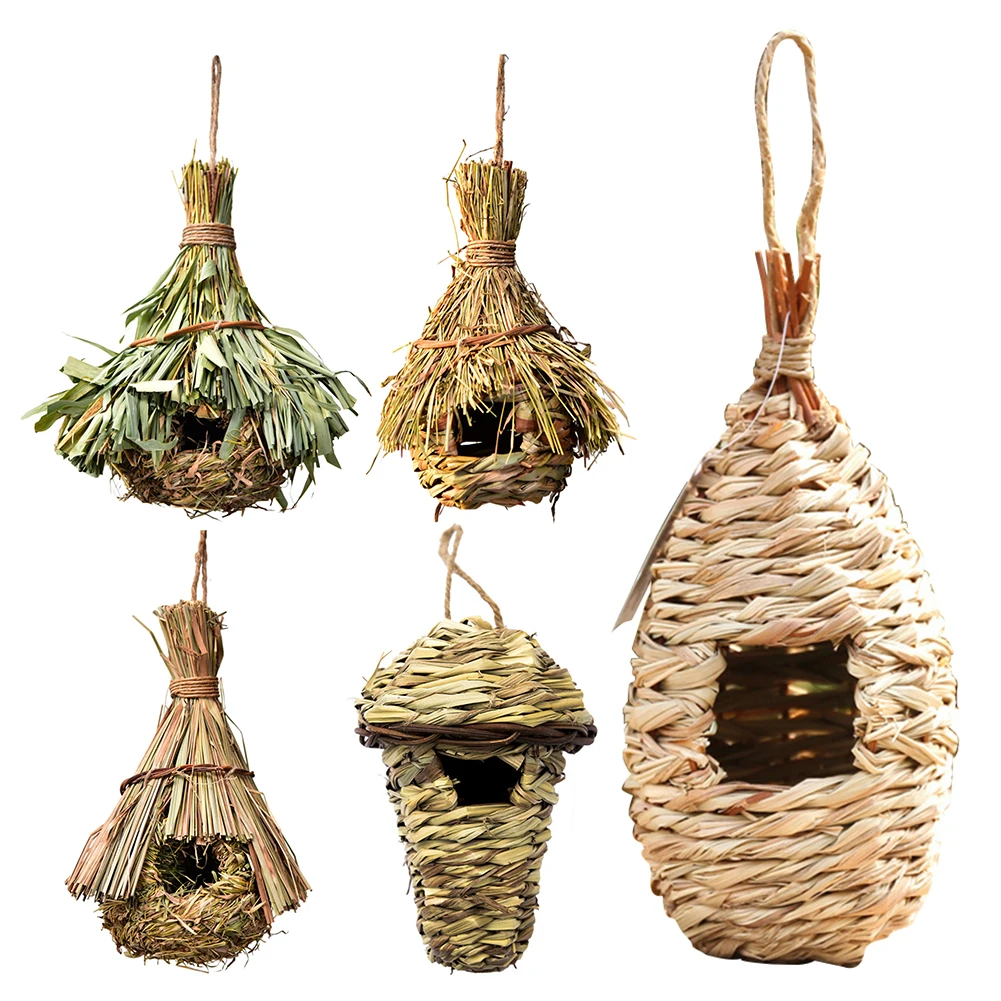 Bird Cage Comfortable Resting Place Natural Grass Bird House Weaved Hanging Parrot Nest Houses Outdoor Decoration