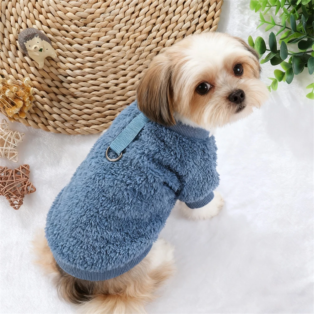 Pure Color Plush Pet Sweatshirt Autumn Winter Soft Fabric Comfortable Fit for Small Dogs And Cats without Cap Traction Ring - Image 5