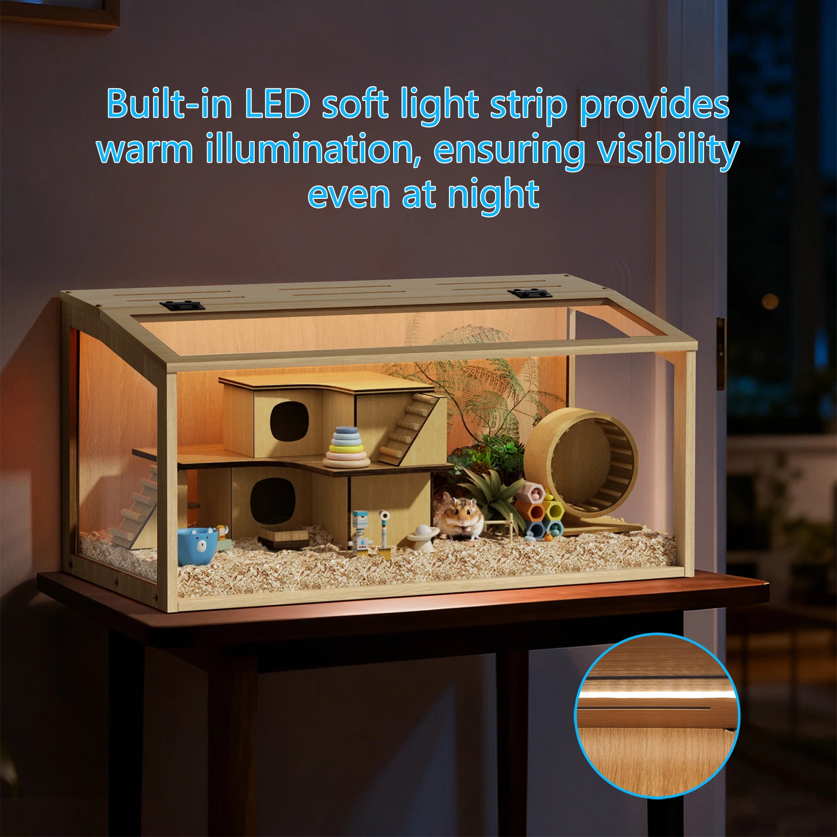 Wooden Hamster Cage Guinea Pig Cage Clear Small Animal cage with Open top Hamster Habitat Wooden Frame Tempered Glass Panels - Image 4