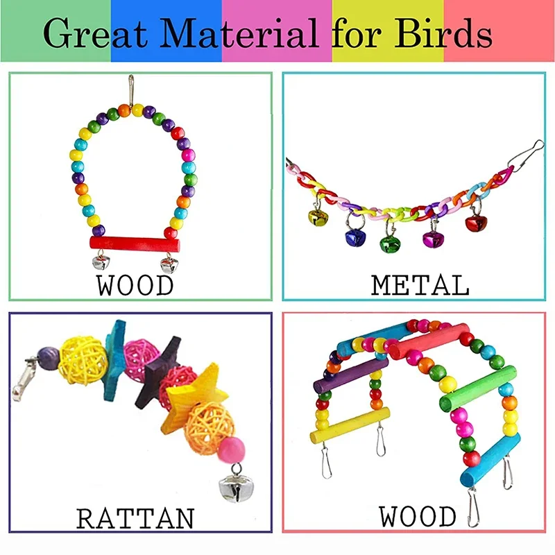 7pcs Pack Wood Parrot Toys Bird Toy Cage Bird Accessories Swing Suspension Bridge Ball Cage Bells Pet Supplies Set - Image 2