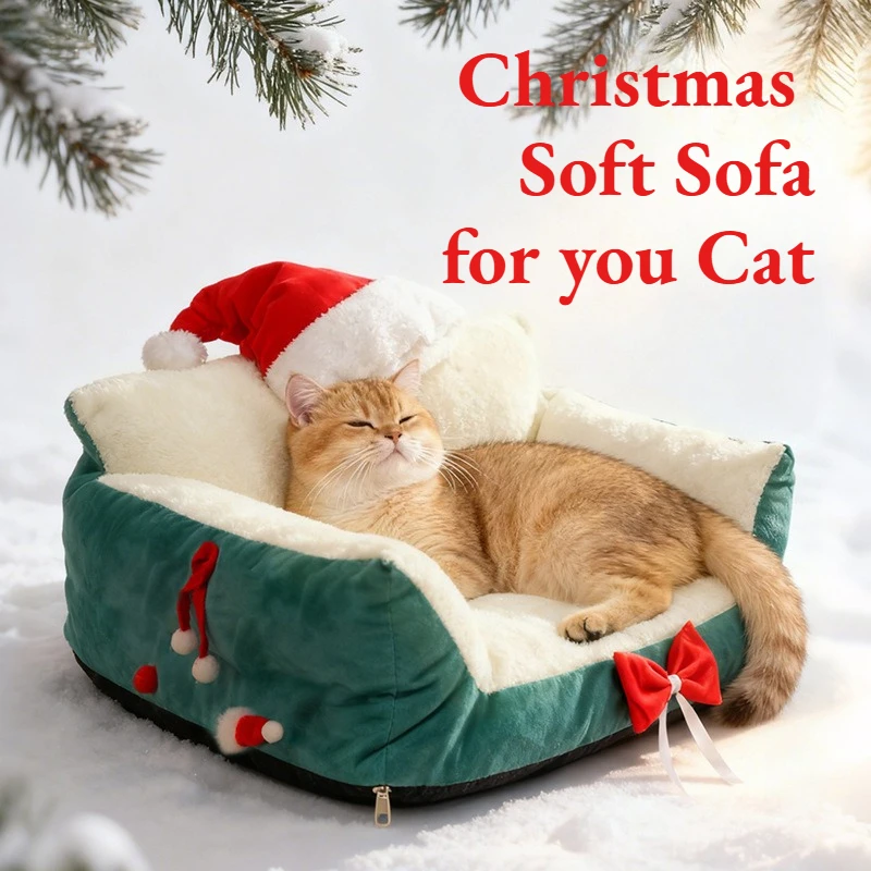 Christmas Cat Bed,Pet Bed with Soft Neck Bolster, Comfort Cat Couch Sofa, Soft PP Cotton Filled, Pets Gift for Christmas