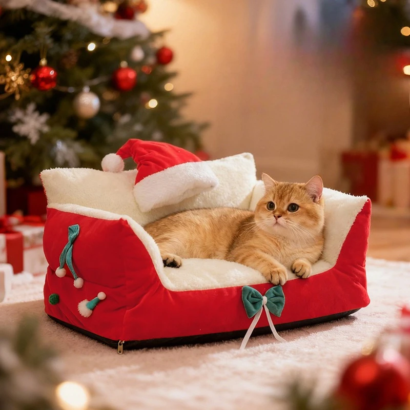 Christmas Cat Bed,Pet Bed with Soft Neck Bolster, Comfort Cat Couch Sofa, Soft PP Cotton Filled, Pets Gift for Christmas - Image 3
