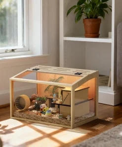 Alternative view of 60/80CM Hamster Cage Chewproof Wooden Guinea Pig Cages Habitat House Tempered Glass Panels Built-in LED Light
