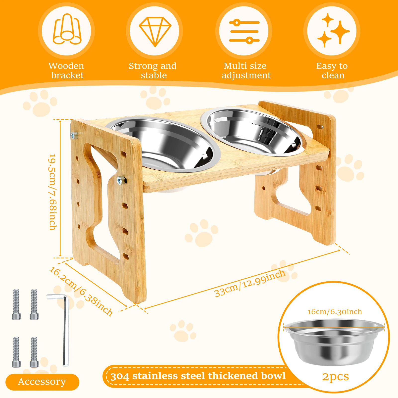 Wooden Elevated Cat Dog feeder Bowl Stand with 2 Stainless Steel Feeder bowl for Dry Wet Food Water Anti Slip Pet Supplies - Image 2