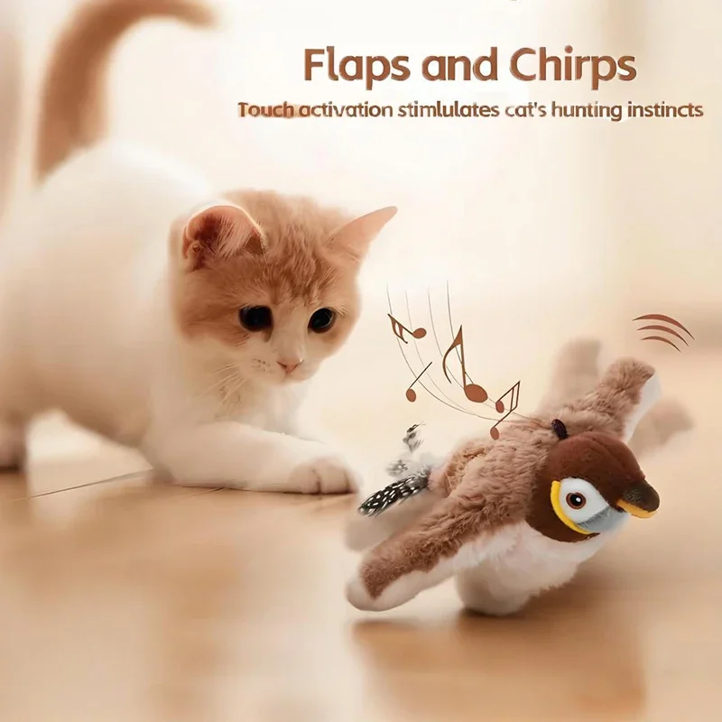 Interactive Cat Toy Flapping Bird with Catnip Rechargeable Simulation Bird Cat Toys Touch Activated Fluffy Plush Toys for Cats