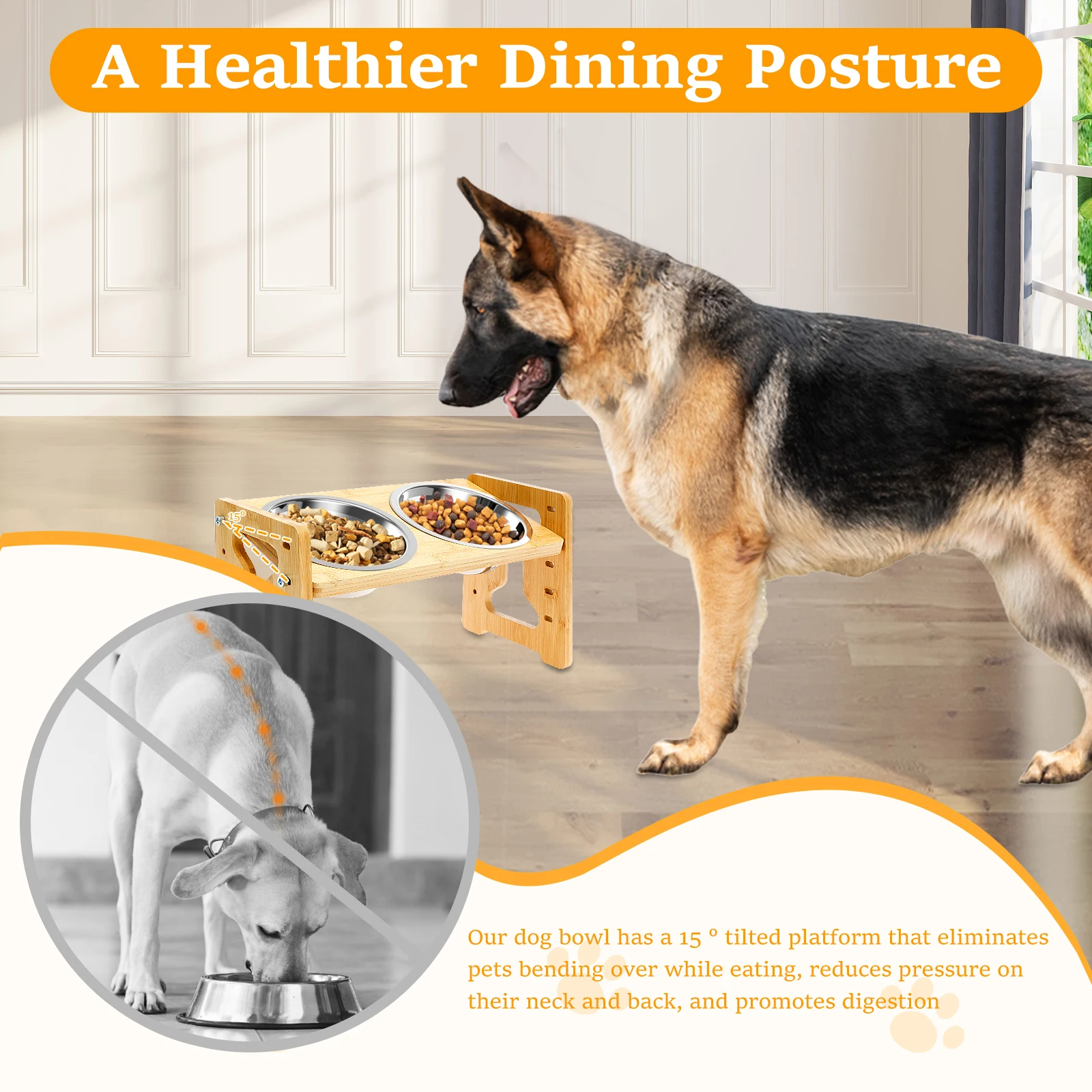 Wooden Elevated Cat Dog feeder Bowl Stand with 2 Stainless Steel Feeder bowl for Dry Wet Food Water Anti Slip Pet Supplies - Image 4