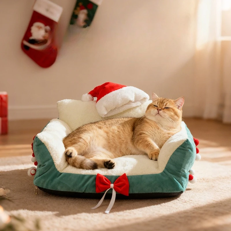 Christmas Cat Bed,Pet Bed with Soft Neck Bolster, Comfort Cat Couch Sofa, Soft PP Cotton Filled, Pets Gift for Christmas - Image 2