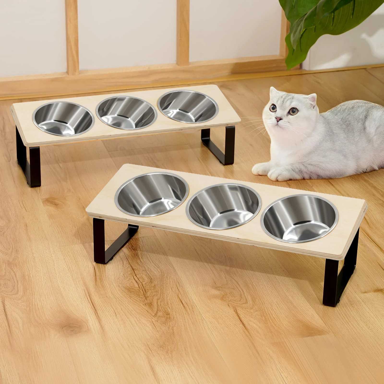 Elevated Cat Bowls Feeder 15° Tilted Raised Feeding & Watering Supplies Pet 3 Stainless Steel Bowls with Stand for Cats Puppies - Image 5