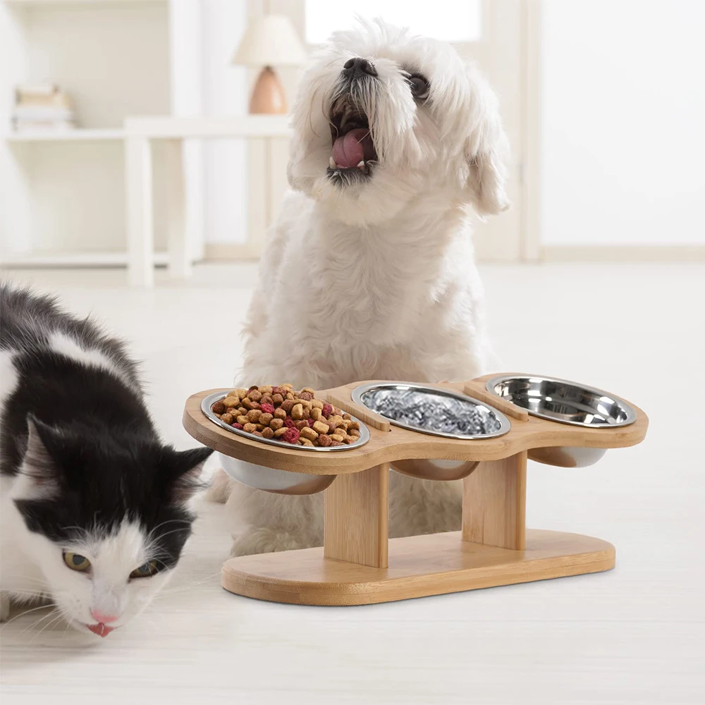 Raised Cat Feeder 3 Bowls in 1 Feeding & Watering Supplies 15° Raised Puppy 3 Stainless Steel Bowls Wood Stand Cats Accessories - Image 6