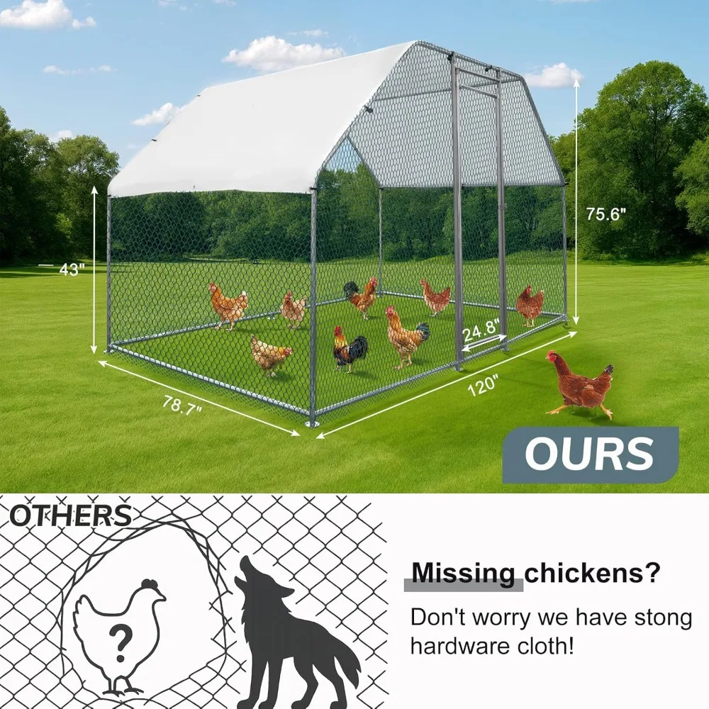 Large Chicken Coop, Metal Poultry Cage for Chicken Run, Walk-in Flat-roof Chicken Pen with Waterproof & Anti-UV Cover Outdoor - Image 6