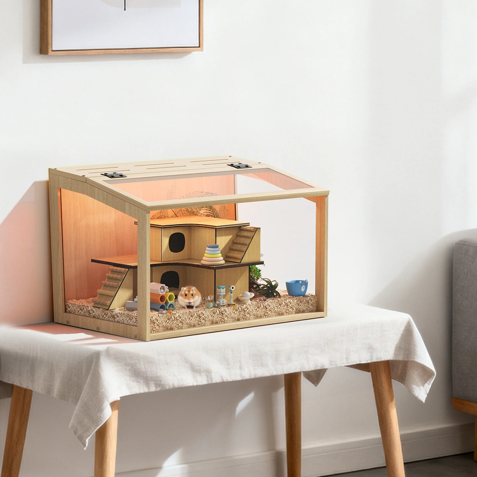 Wooden Hamster Cage Guinea Pig Cage Clear Small Animal cage with Open top Hamster Habitat Wooden Frame Tempered Glass Panels - Image 3