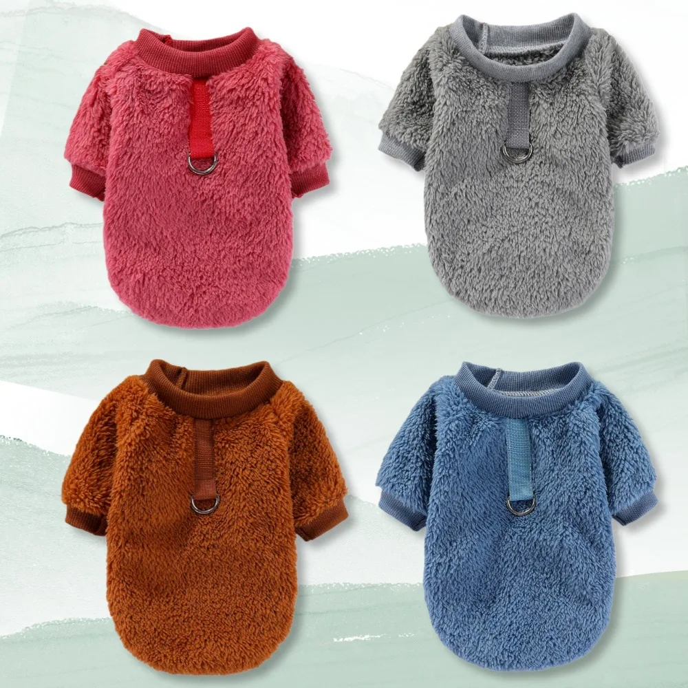 Pure Color Plush Pet Sweatshirt Autumn Winter Soft Fabric Comfortable Fit for Small Dogs And Cats without Cap Traction Ring - Image 3