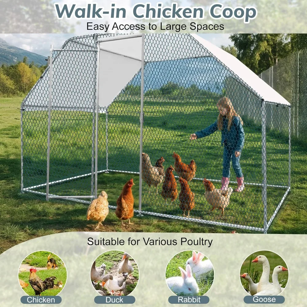 Large Chicken Coop, Metal Poultry Cage for Chicken Run, Walk-in Flat-roof Chicken Pen with Waterproof & Anti-UV Cover Outdoor - Image 3