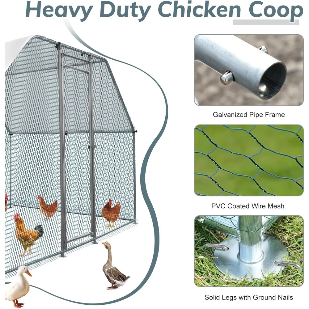 Large Chicken Coop, Metal Poultry Cage for Chicken Run, Walk-in Flat-roof Chicken Pen with Waterproof & Anti-UV Cover Outdoor - Image 5