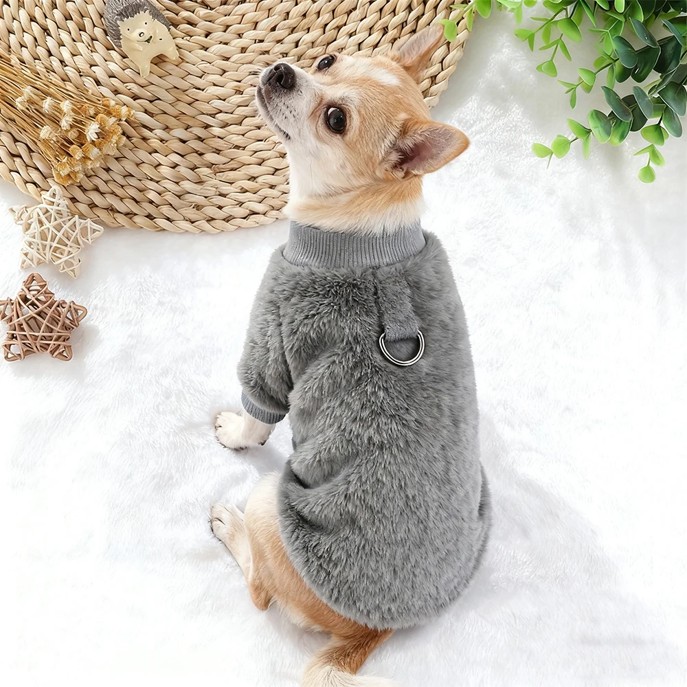 Pure Color Plush Pet Sweatshirt Autumn Winter Soft Fabric Comfortable Fit for Small Dogs And Cats without Cap Traction Ring - Image 4