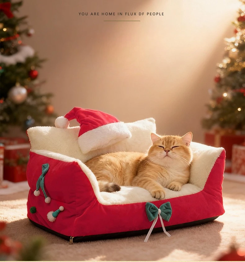 Christmas Cat Bed,Pet Bed with Soft Neck Bolster, Comfort Cat Couch Sofa, Soft PP Cotton Filled, Pets Gift for Christmas - Image 5