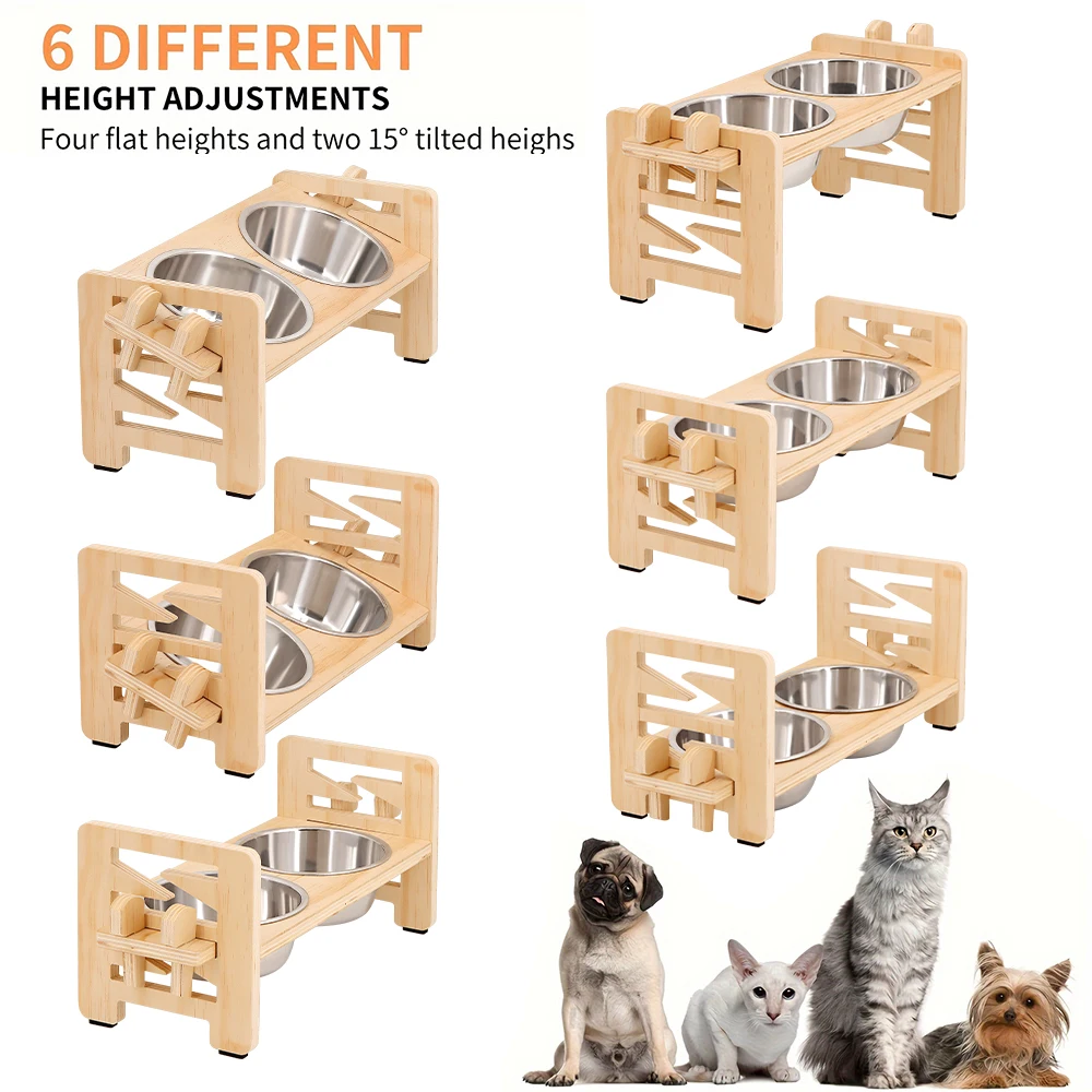 Adjustable Heightened Cat Bowl Stand for Small Dogs and Cats, Sturdy Wooden Pet Food Feeder with 2 Stainless Steel Bowls - Image 5