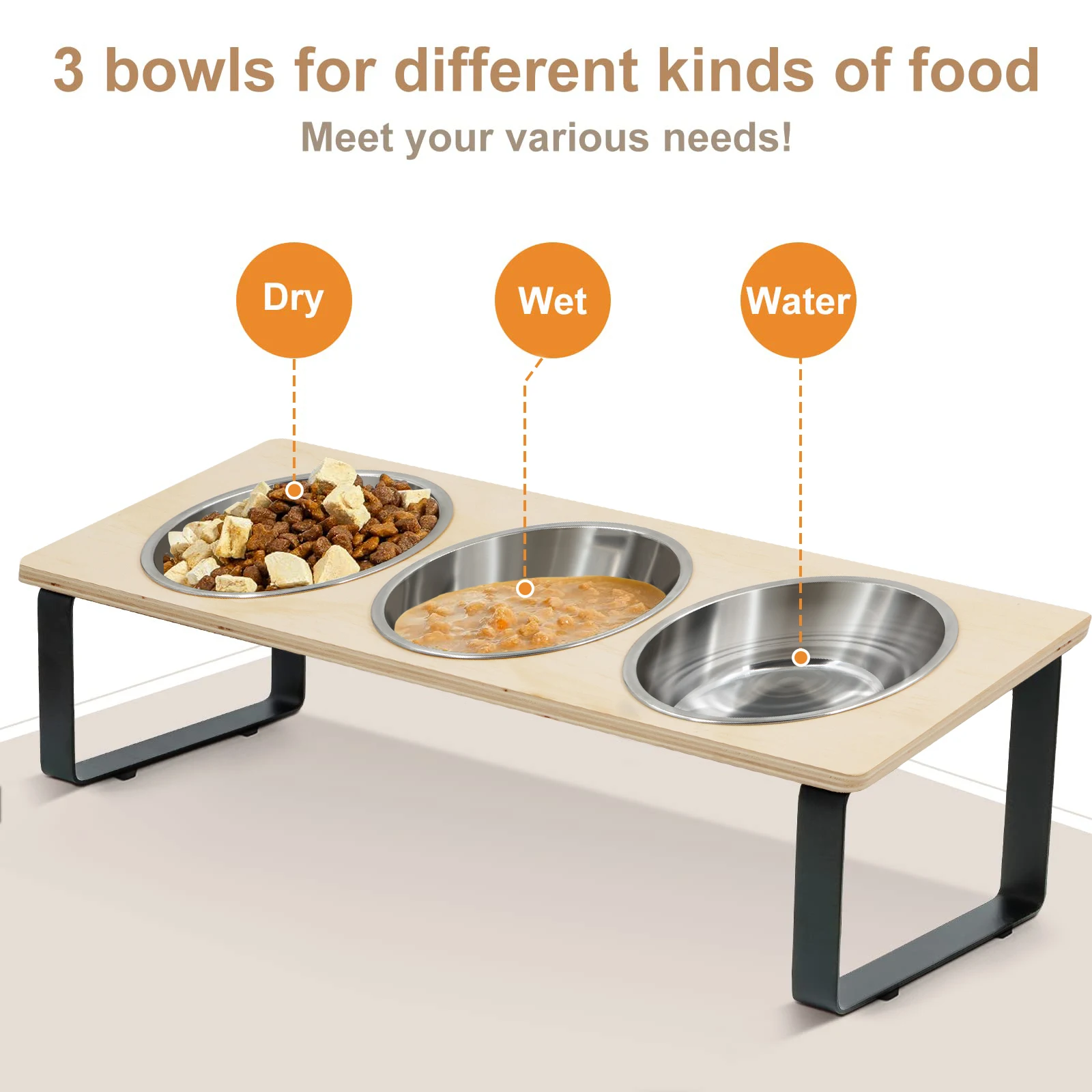Elevated Cat Bowls Feeder 15° Tilted Raised Feeding & Watering Supplies Pet 3 Stainless Steel Bowls with Stand for Cats Puppies - Image 4
