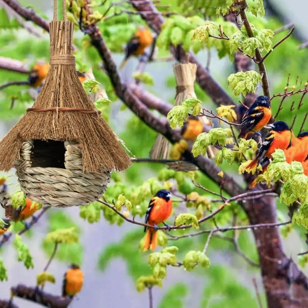 Hanging Bird House Hand Woven Grass Bird Hut Eco-friendly Birds Straw Cages Cozy Birds Nest Shelter from Cold Weather - Image 2