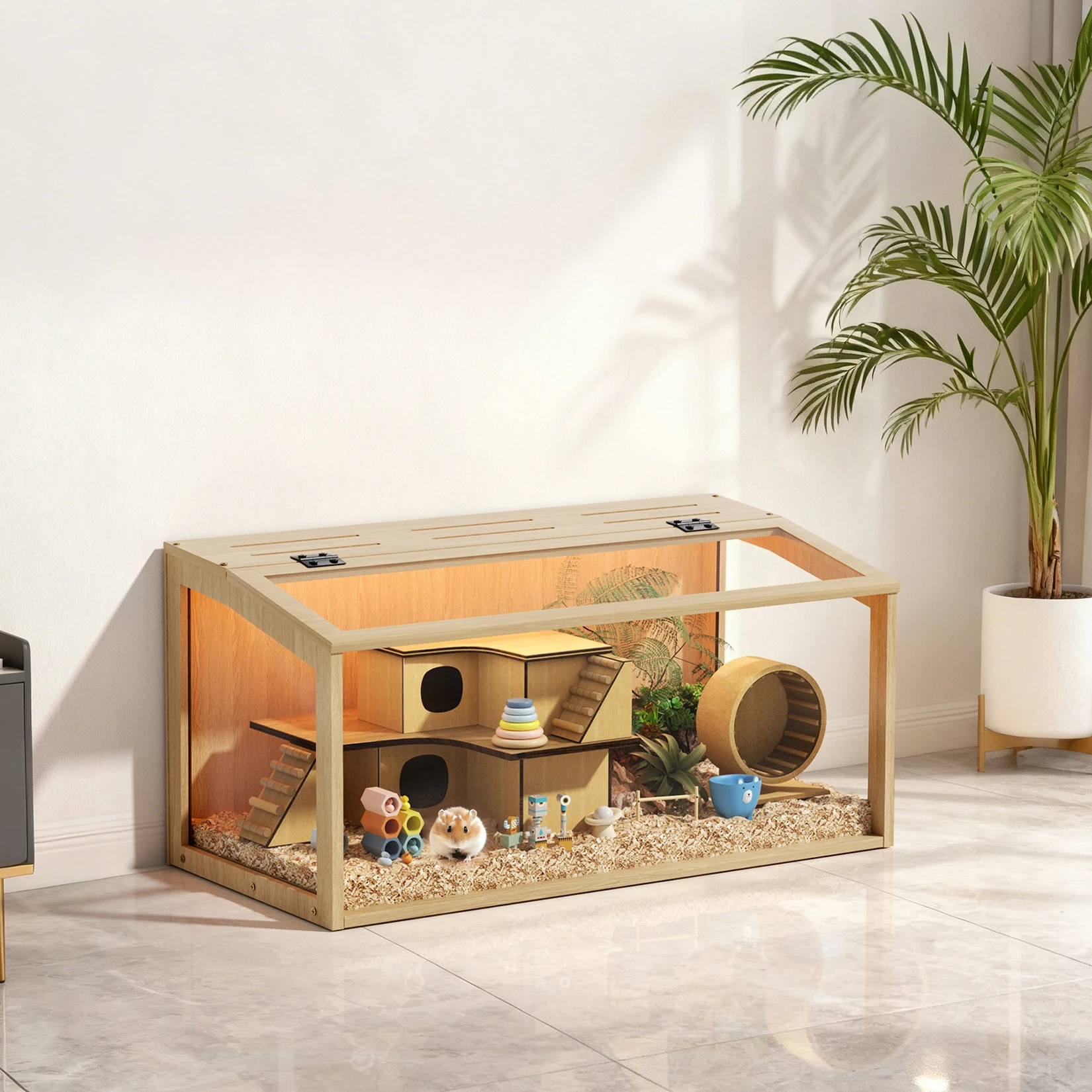 Wooden Hamster Cage Guinea Pig Cage Clear Small Animal cage with Open top Hamster Habitat Wooden Frame Tempered Glass Panels - Image 2
