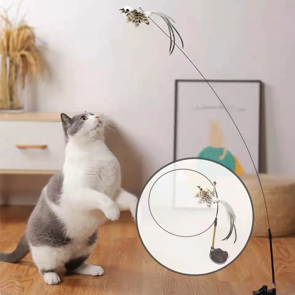 Simulation Bird Interactive Funny Cat Stick Toy Furry Feather Bird With Bell Sucker Cat Stick Toy Kitten Playing Pet Accessories - Image 3