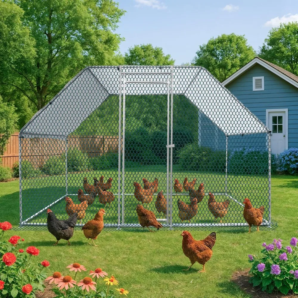 Large Chicken Coop, Metal Poultry Cage for Chicken Run, Walk-in Flat-roof Chicken Pen with Waterproof & Anti-UV Cover Outdoor - Image 2