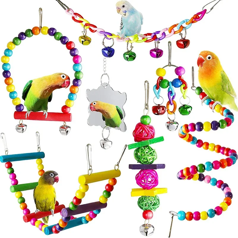 7pcs Pack Wood Parrot Toys Bird Toy Cage Bird Accessories Swing Suspension Bridge Ball Cage Bells Pet Supplies Set