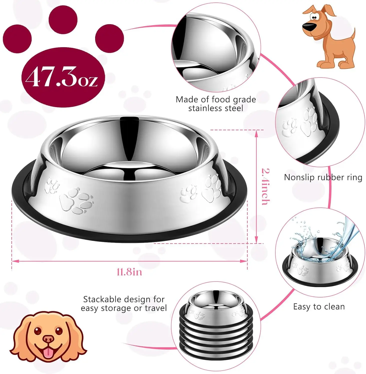 Stainless Steel Dog Cat Food Bowl Pets Quality Metal Pawprint Feeder Non-slip Pet Feeding Container with Rubber Base Accessories - Image 3