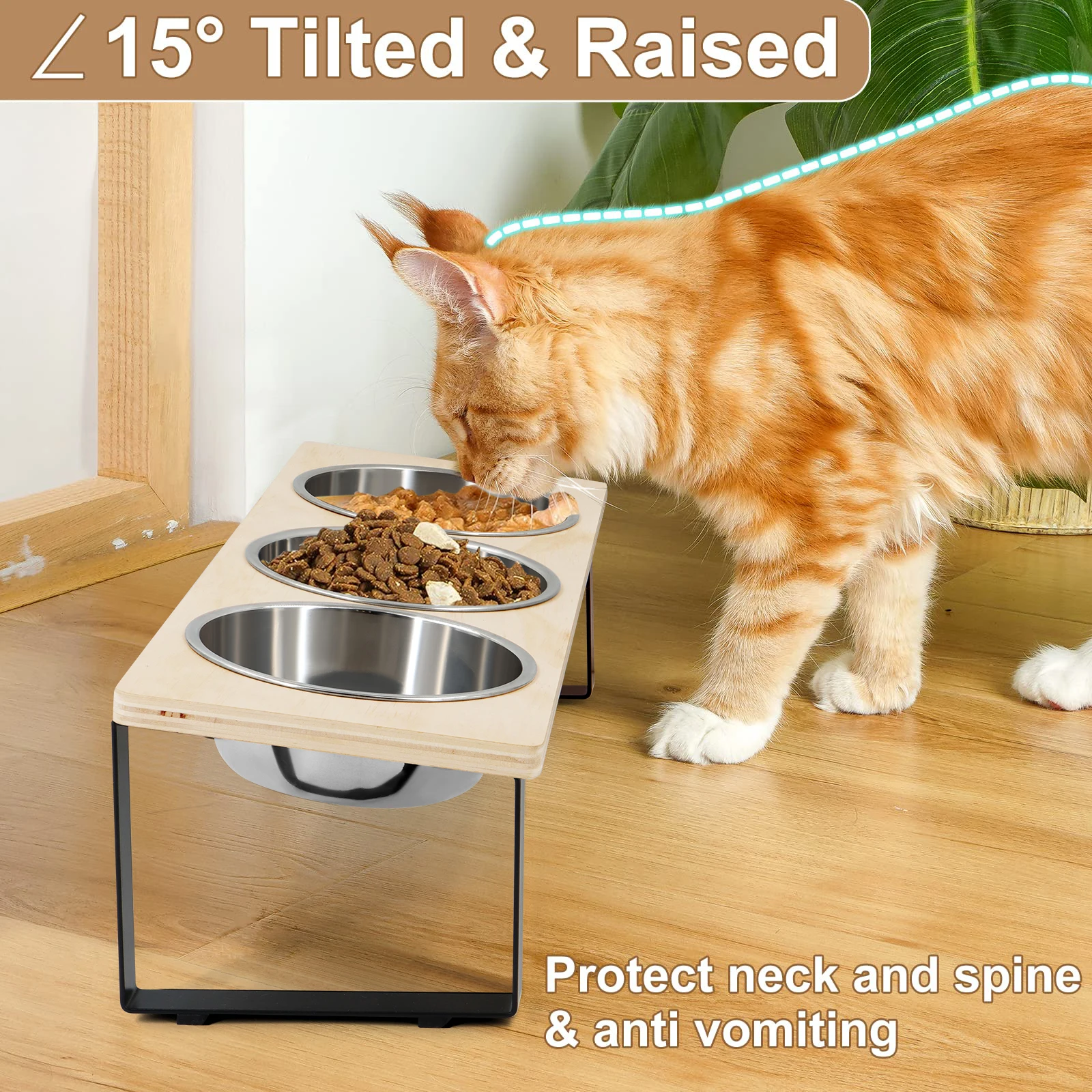 Elevated Cat Bowls Feeder 15° Tilted Raised Feeding & Watering Supplies Pet 3 Stainless Steel Bowls with Stand for Cats Puppies - Image 2