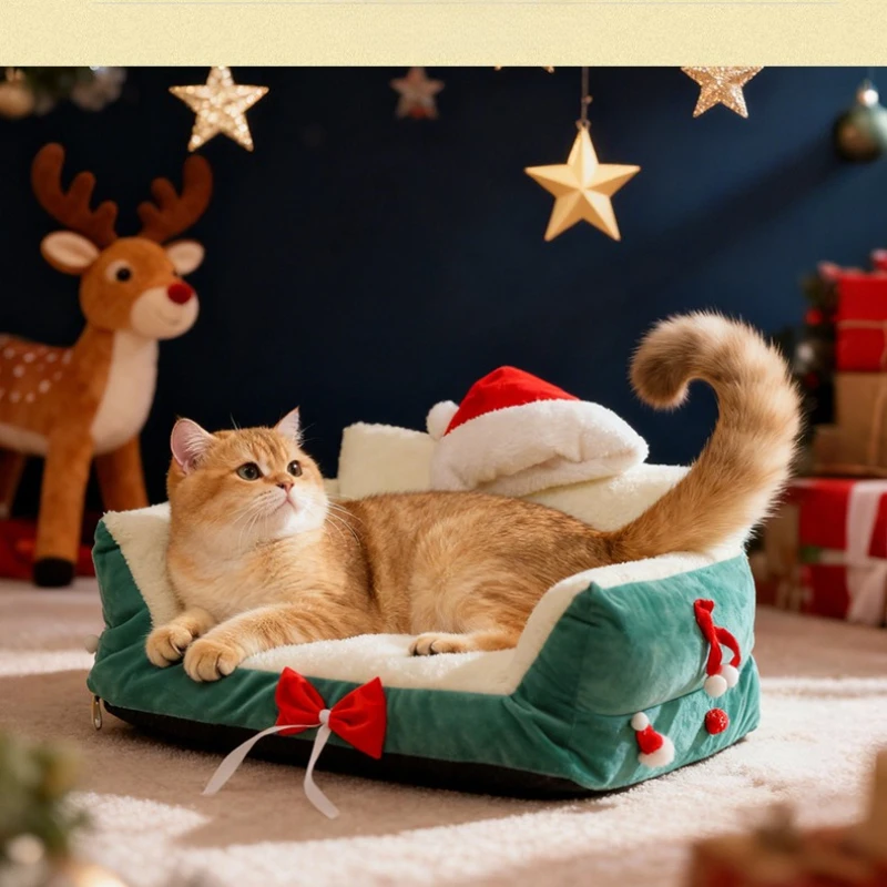 Christmas Cat Bed,Pet Bed with Soft Neck Bolster, Comfort Cat Couch Sofa, Soft PP Cotton Filled, Pets Gift for Christmas - Image 6