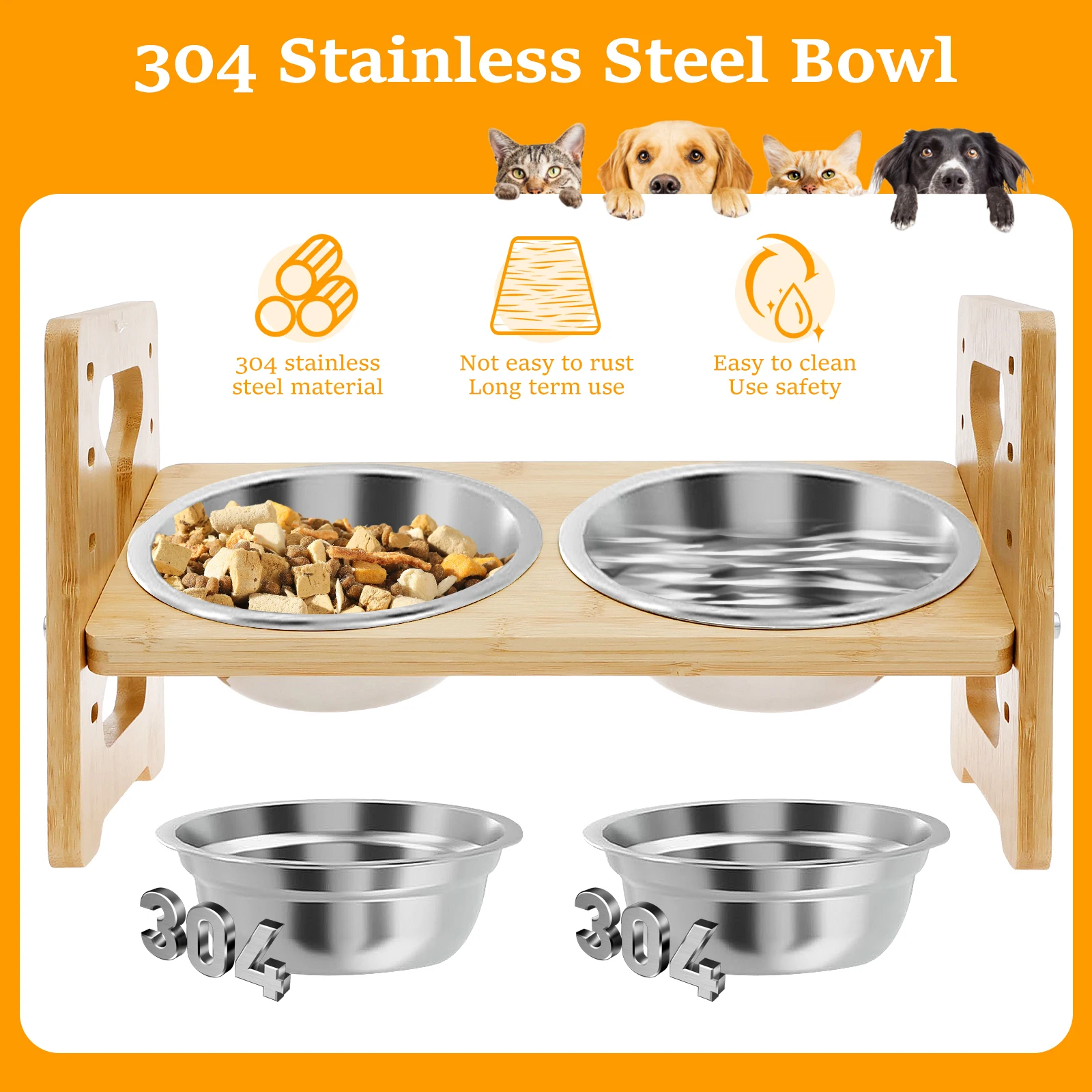 Wooden Elevated Cat Dog feeder Bowl Stand with 2 Stainless Steel Feeder bowl for Dry Wet Food Water Anti Slip Pet Supplies - Image 3